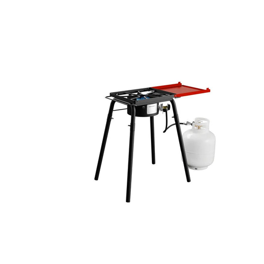 The Camp Chef Explorer 1-Burner features a sturdy black metal frame with four legs, a red side shelf, and an attached white propane tank—a portable outdoor cooking system ideal for versatile outdoor use.
