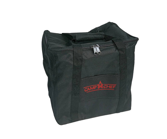 The Camp Chef Outdoor Cooker Bag is a black zippered carry bag with handles and the red Camp Chef logo—perfect for transporting your outdoor cooker or single-burner cooker.