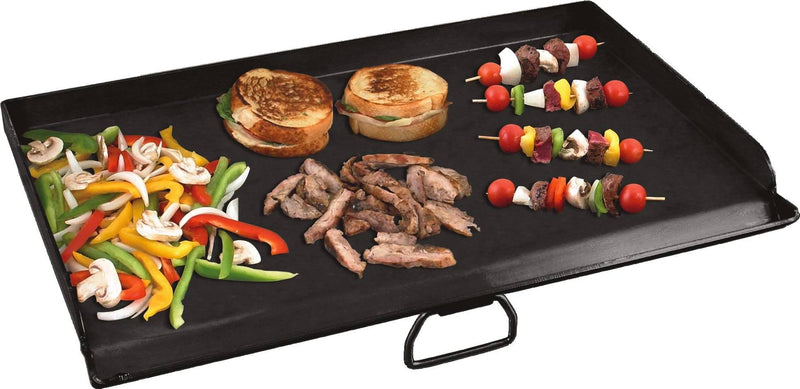 Load image into Gallery viewer, The Camp Chef Griddles 14 black Flat Top Griddle displays sliced bell peppers, onions, and mushrooms on the left, grilled sandwiches in the center, with cooked meat and three vibrant veggie and meat skewers on the right.
