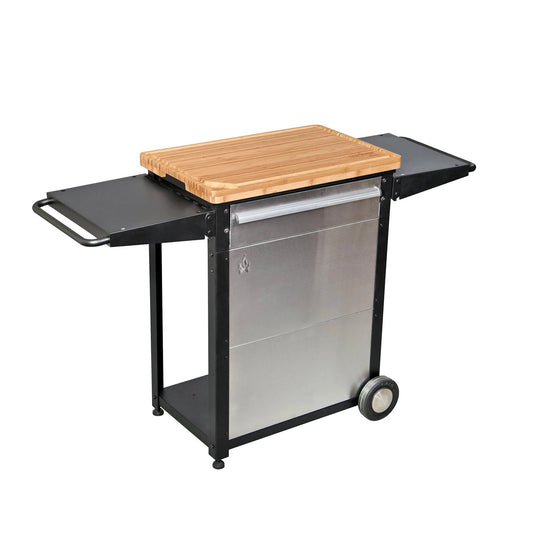 The Camp Chef Patio Cart features a stainless steel frame, wooden top, two black side shelves, a handle, and two wheels—ideal for your patio or outdoor kitchen.