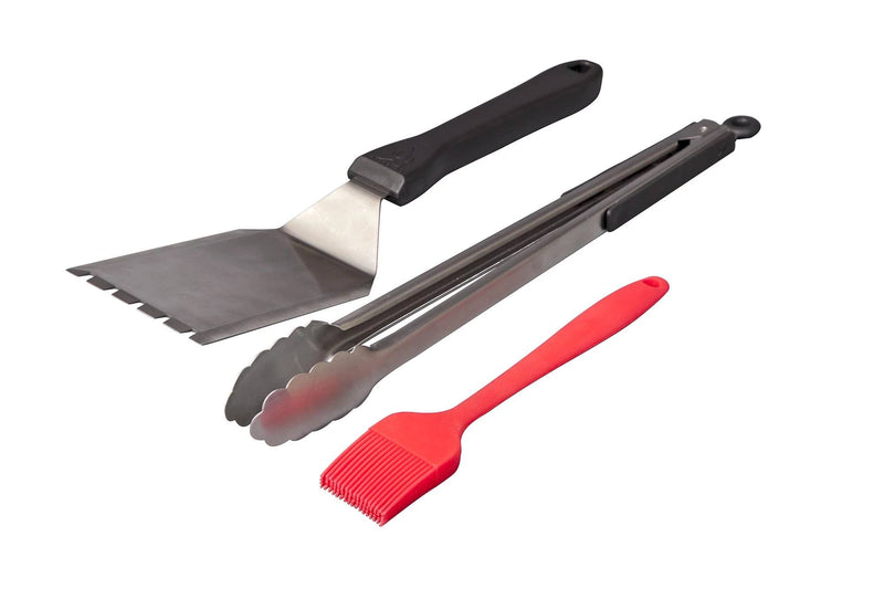 Load image into Gallery viewer, The Camp Chef BBQ Tool Set includes a metal spatula and tongs with black handles and a red silicone basting brush—perfect additions to your barbecue accessories collection.
