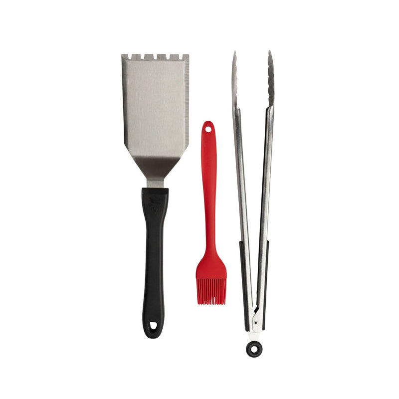 Load image into Gallery viewer, The Camp Chef BBQ Tool Set includes a metal spatula with a black handle, red silicone basting brush, and metal tongs with black grips—essential barbecue accessories for any grill master. All items are displayed side by side on a white background.
