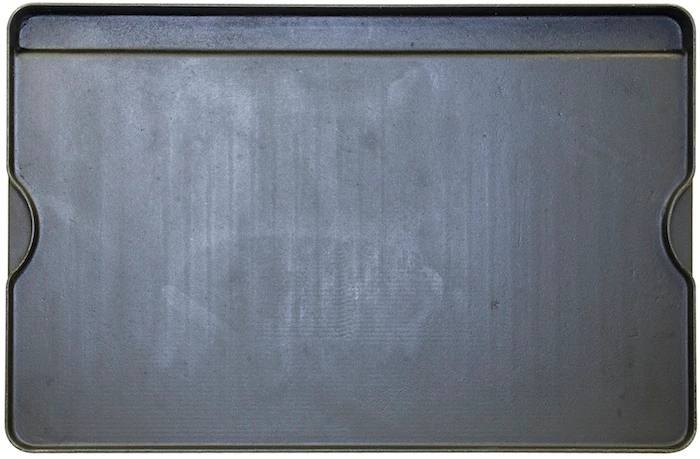 Load image into Gallery viewer, The Camp Chef Griddles 16 is a rectangular, flat black griddle tray with slightly raised edges and two semi-circular indentations on each long side, shown in a top-down view.
