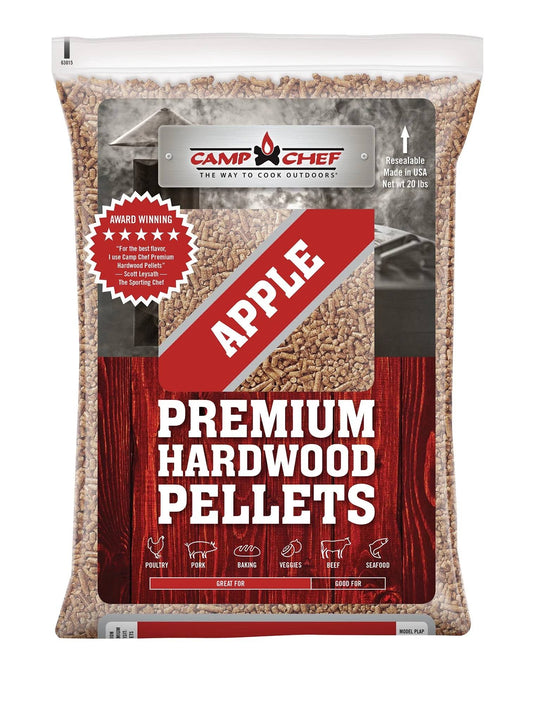 A 20 lb bag of Camp Chef Hardwood Pellets provides rich smoke flavor for grilling and smoking. Versatile for poultry, pork, baking, veggies, beef, and seafood, this resealable bag is proudly made in the USA.