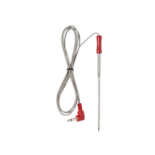 The Camp Chef Competition Meat Probes feature a colored probe with a red handle for precise temperature readings, attached to a long, flexible braided cable that ends with a right-angle audio jack connector, coiled on a white background.
