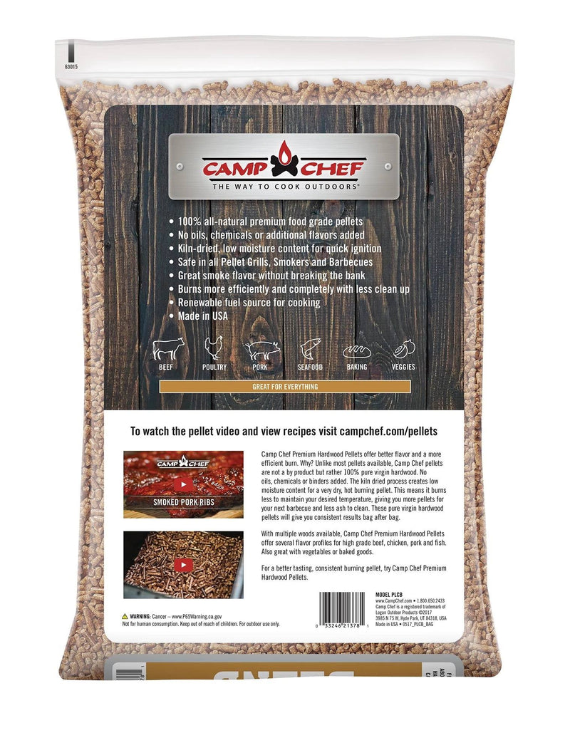 Load image into Gallery viewer, Camp Chef Hardwood Pellets bag for grilling, featuring product highlights above an image of pellets, the Camp Chef logo, and usage instructions. The clear top lets you see the rich smoke flavor inside.
