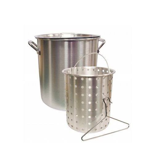 The Camp Chef Aluminum Cooker Pot comes with sturdy handles, an aluminum basket with a handle, and a tripod stand, making it ideal for boiling or steaming food.