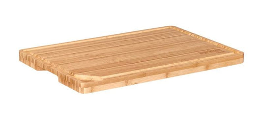 The Camp Chef Bamboo Cutting Board features a rectangular shape, deep groove, grooved edge, and corner notch, shown on a white background.