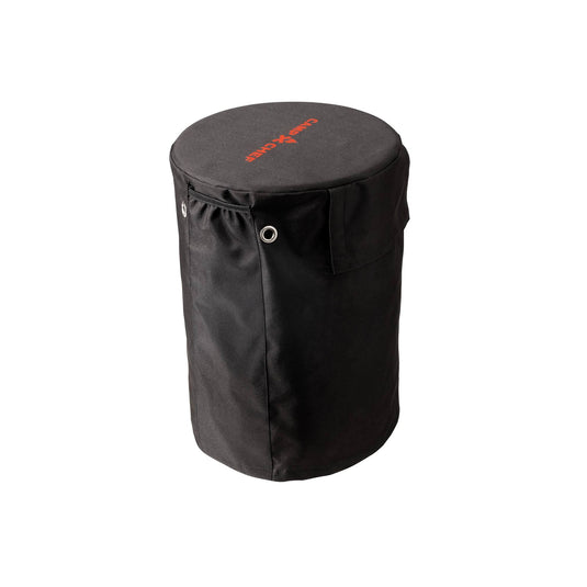 A black cylindrical fabric Propane Tank Cover by Camp Chef with metal eyelets and a pocket, featuring the red Camp Chef logo on top, photographed against a white background—an ideal camping accessory.
