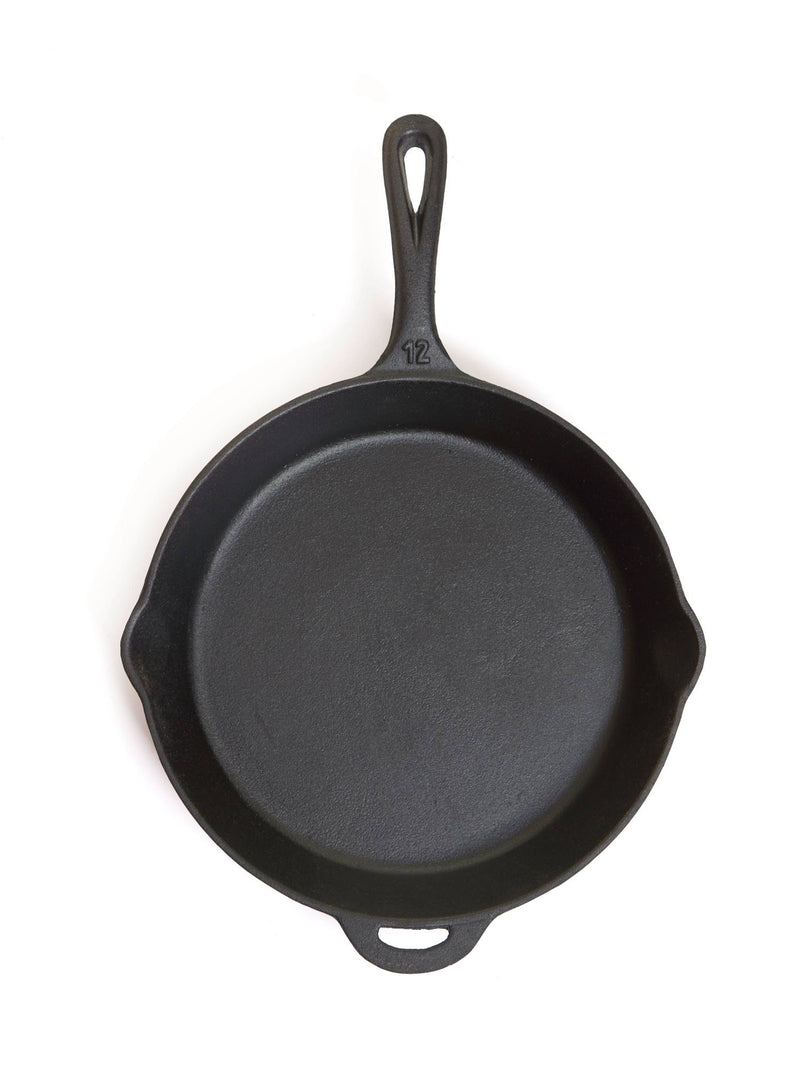 Load image into Gallery viewer, The Camp Chef Cast Iron Skillets feature a handle, dual pouring spouts, and an embossed number 12 near the handle—perfect for kitchen or outdoor cooking. Shown from above on a white background.
