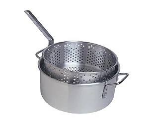 Load image into Gallery viewer, The Camp Chef Aluminum Cooker Pot includes two handles and a perforated basket with a long handle, perfect for steaming or boiling food. The insert sits inside the pot and features holes for easy draining.
