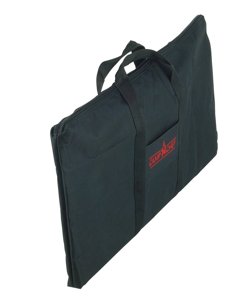 Load image into Gallery viewer, The Camp Chef Griddle Bag 14 - 2 Burner is a black bag with a red logo, featuring an EZ glide zipper for easy access.
