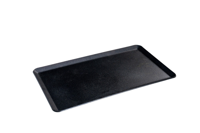 Load image into Gallery viewer, A black rectangular serving tray with slightly raised edges, inspired by Camp Chef's Mountain Series, sits on a white background—ideal for serving dishes prepared on the Camp Chef Compact Stove Griddle.
