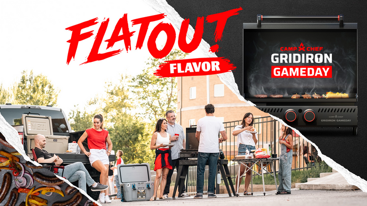 Promotional graphic for Flatout Flavor Gridiron Flavor Gameday, featuring a large red 'FLATOUT' logo, a black grill with the 'GRIDIRON FLAVOR GAMEDAY' branding, and a torn-paper effect revealing an outdoor barbecue scene with people and vehicles.