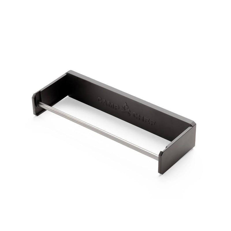 Load image into Gallery viewer, The Camp Chef Magnetic Paper Towel Holder features a rectangular black metal design with an open front and silver rod, embossed brand name on the back, ideal for organizing paper towels or other essentials in your workspace.
