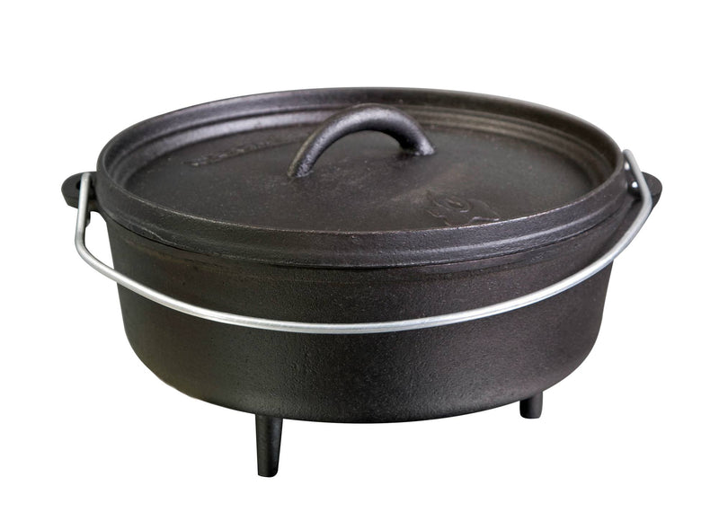 Load image into Gallery viewer, The Camp Chef Classic Dutch Oven is a pre-seasoned black cast iron pot with a lid and handle, supported by three short legs and shown isolated on a white background.
