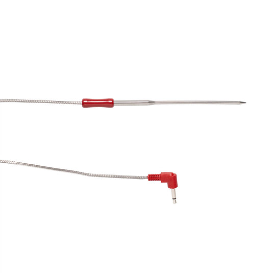 The Camp Chef Competition Meat Probes feature a colored, pointed metal tip, a red plastic collar, and a braided cable with a right-angle audio-style connector for accurate temperature readings.