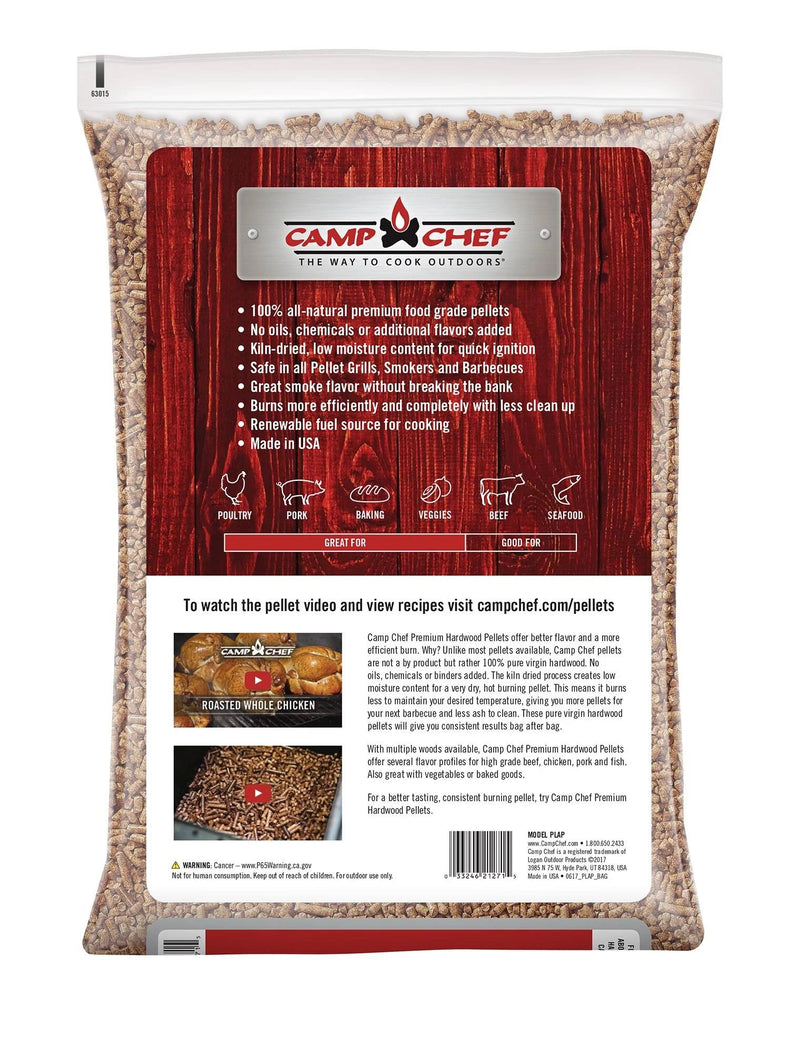 Load image into Gallery viewer, A bag of Camp Chef Hardwood Pellets with info on the back about grilling, baking, smoking uses, all-natural benefits, made in the USA, and tips to enhance smoke flavor in meats.
