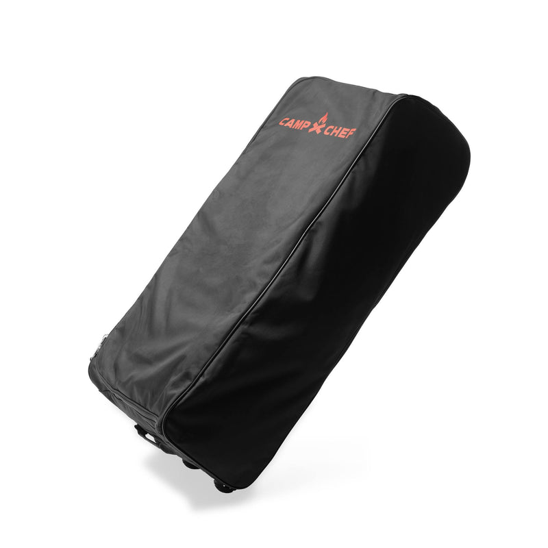Load image into Gallery viewer, The Camp Chef Stove System Roller Bag is a heavy-duty black carry bag with red text, perfect for transporting your 2-burner grill.
