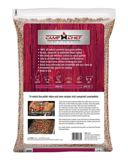 A bag of Camp Chef Hardwood Pellets for grilling and smoking features product details, icons for meat pairings, and cooking info. The packaging displays a wood panel design with the Camp Chef logo at the top.