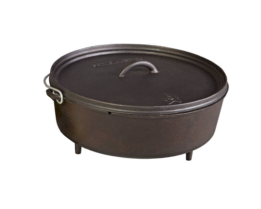 The Camp Chef Classic Dutch Oven is a pre-seasoned black cast iron pot with a lid and three short legs, designed for outdoor or campfire cooking.