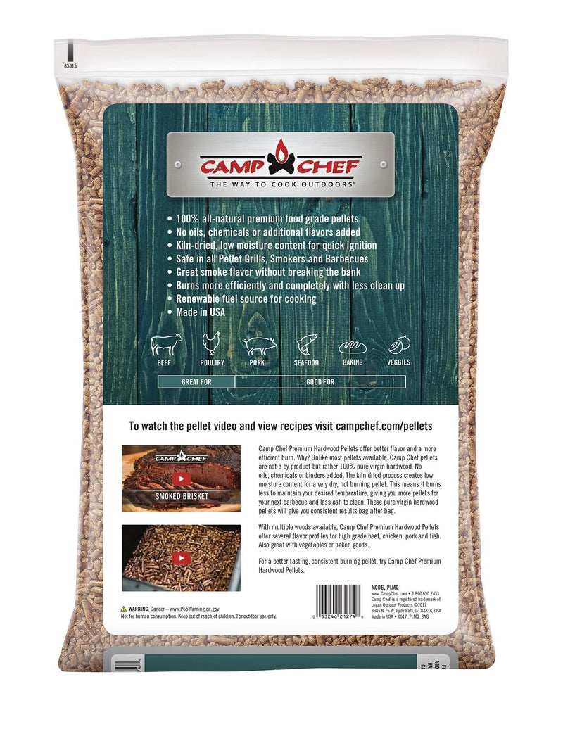 Load image into Gallery viewer, A bag of Camp Chef Hardwood Pellets features 100% all-natural hardwood with no added chemicals, delivering rich smoke flavor for grills and smokers. The clear bottom lets you see the quality wood pellets inside.
