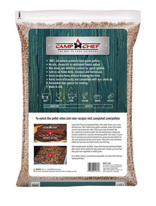 A bag of Camp Chef Hardwood Pellets features 100% all-natural hardwood with no added chemicals, delivering rich smoke flavor for grills and smokers. The clear bottom lets you see the quality wood pellets inside.