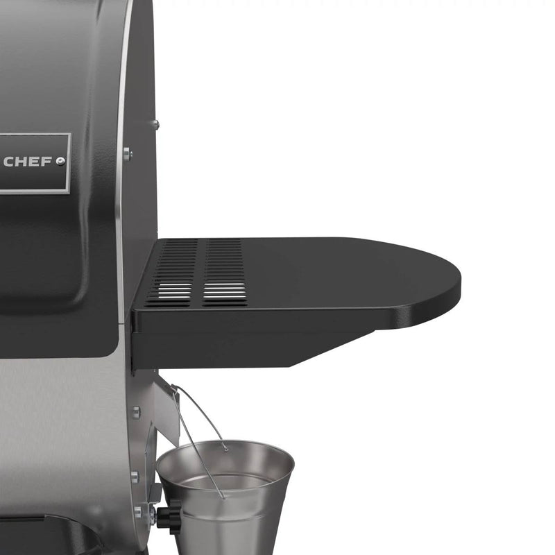 Load image into Gallery viewer, Close-up of the Camp Chef Woodwind 24 pellet grill, showing its right side with side shelf, vented slots, drip bucket, and advanced WIFI controller.
