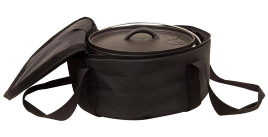 The Camp Chef Dutch Oven Carry Bag features a black design with shoulder straps and secure zipper closure, ideal for storing and transporting your round Dutch oven with lid.