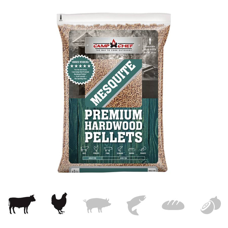 Load image into Gallery viewer, Camp Chef Hardwood Pellets deliver rich smoke flavor in a clear bag with wood-textured label and icons for beef, chicken, pork, and fish—making them perfect for any BBQ or competition blend.
