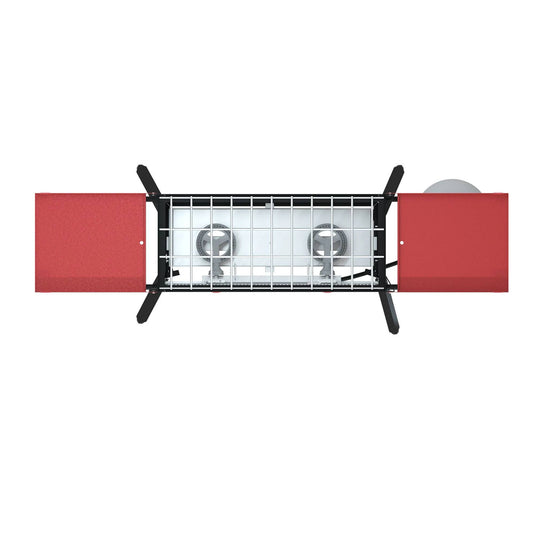 Top view of the Camp Chef PRO 14 portable two-burner gas stove with red side panels, black legs, and a metal grate. Features a right-side circular control knob and showcases the signature Camp Chef cooking system—perfect for outdoor use.