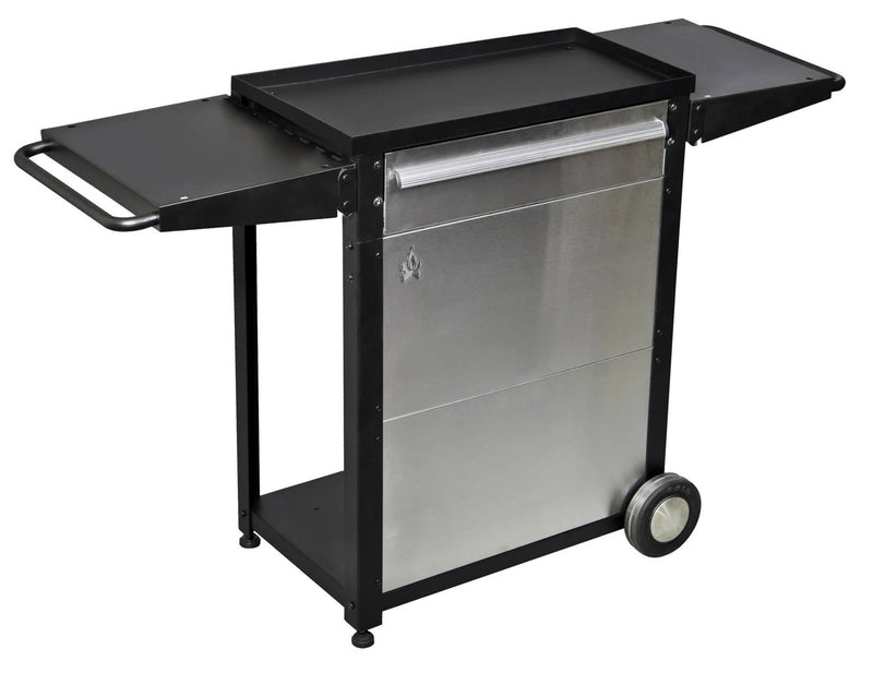 Load image into Gallery viewer, The Camp Chef Patio Cart features a metal build, two side shelves, a handle, two wheels, stainless steel front panel, and a raised-edge top to keep items secure—ideal for your outdoor kitchen.
