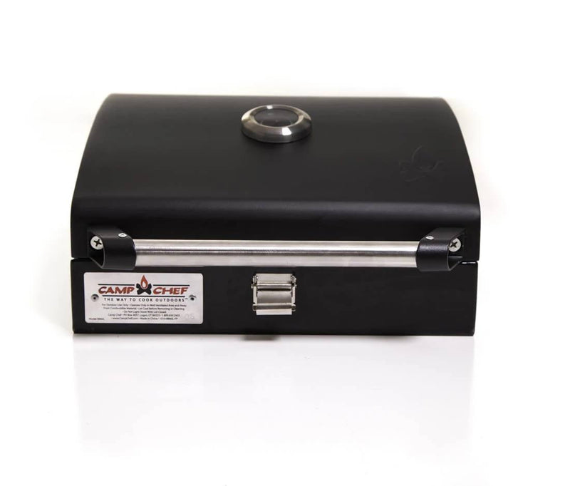 Load image into Gallery viewer, The Camp Chef BBQ Grill Boxes 14 is a black professional grill box with a heat diffuser system, silver handle, and built-in lid thermometer. It boasts a durable cast iron grilling surface and is shown against a white background.
