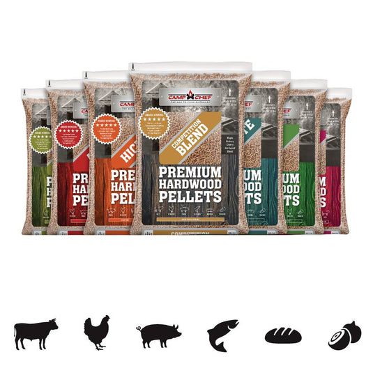 Eight bags of Camp Chef Hardwood Pellets, featuring Mesquite and Competition blends, are displayed. Icons below indicate suitability for cow, chicken, pig, fish, bread, and onion.