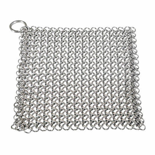 The Camp Chef Chain Mail Scrubber features interlinked stainless steel rings and a corner metal loop, designed for easy cleaning of cast iron or steel griddles.