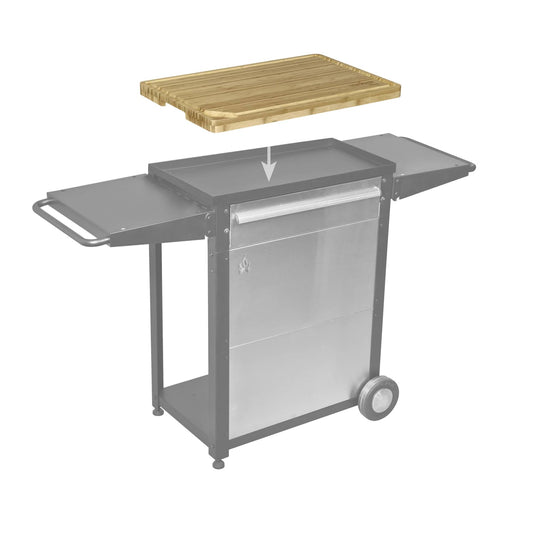 A Camp Chef Bamboo Cutting Board with deep grooves hovers above a grayed-out stainless steel outdoor grill cart and side trays, highlighting where the board can be placed.