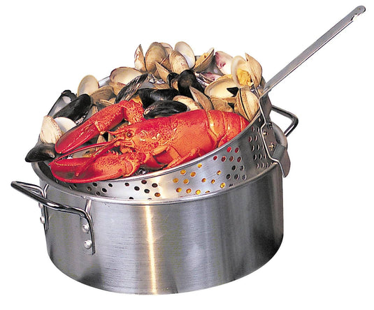 The Camp Chef Aluminum Cooker Pot features a metal handle and includes an aluminum basket filled with cooked lobster, clams, and mussels, all isolated on a white background.