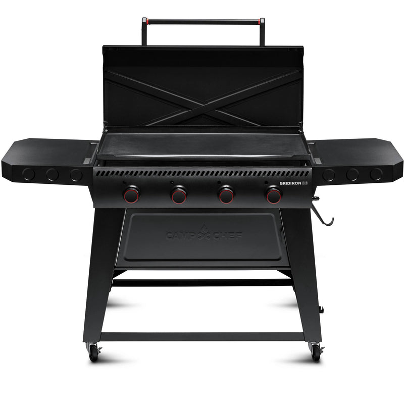 Load image into Gallery viewer, The Camp Chef Gridiron 36 is a black outdoor flat-top griddle grill with an open lid, four control knobs, side shelves, and wheels—perfect for large groups. It offers even heating across the surface and easy cleanup after every meal.
