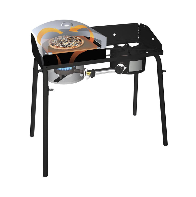 Load image into Gallery viewer, The Camp Chef Artisan Pizza Ovens 14 features a black exterior, ceramic stone, blue flame burner with orange arrows for hot air circulation, four-legged stand, and attached gas regulator for perfect pizzas outdoors.

