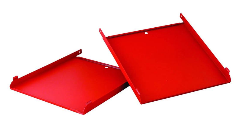 Load image into Gallery viewer, The Camp Chef Stove - Side Shelf Set includes two red, rectangular metal trays with raised edges, shown on a white background—one flat and the other propped and overlapping—ideal as side shelves for your outdoor cooking setup.
