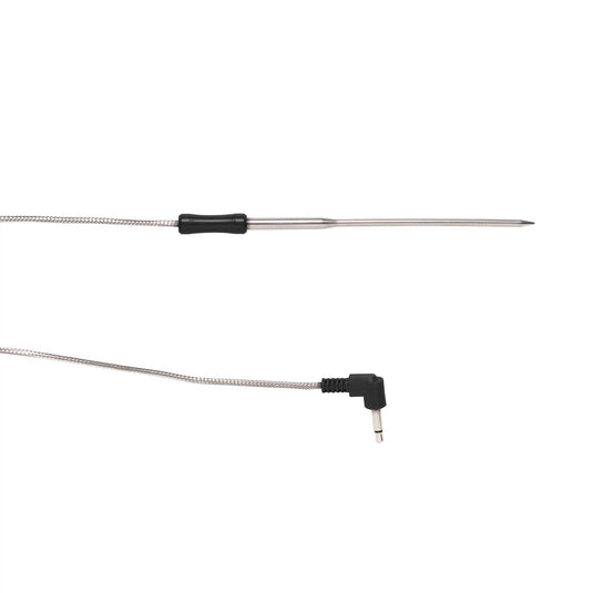 The Camp Chef Competition Meat Probe features a pointed tip, black handle, and long braided cable with a right-angle audio jack connector for precise temperature readings, shown against a white background.
