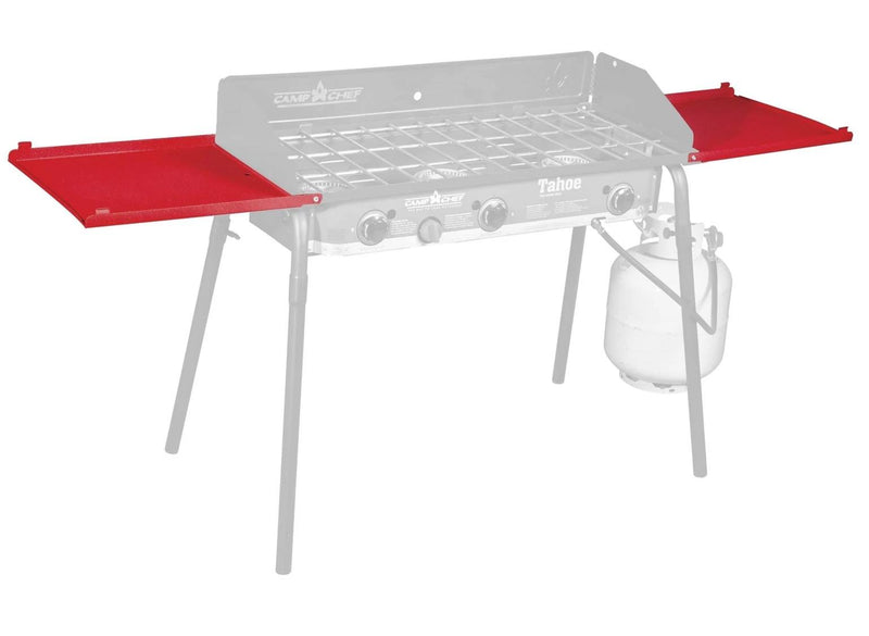 Load image into Gallery viewer, The Camp Chef Stove - Side Shelf Set features three burners, a propane tank beneath, two red side shelves for extra workspace, and a sturdy grey main body—ideal for outdoor cooking adventures.
