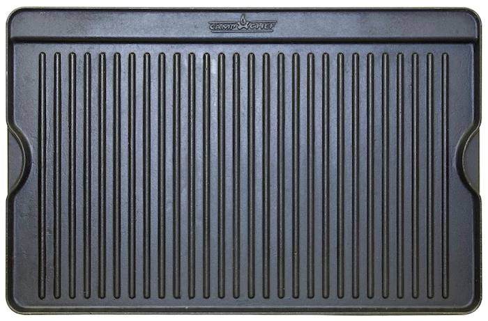 Load image into Gallery viewer, The Camp Chef Griddles 16 is a black rectangular griddle with raised ridges, two side handles, and the Camp Chef logo at the top center—ideal for professional griddle or flat top cooking.
