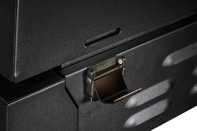 Load image into Gallery viewer, Close-up of the Camp Chef Gridiron Gameday black metal surface with a shiny latch, featuring textured and smooth areas that reflect light—ideal for any outdoor cooking system.
