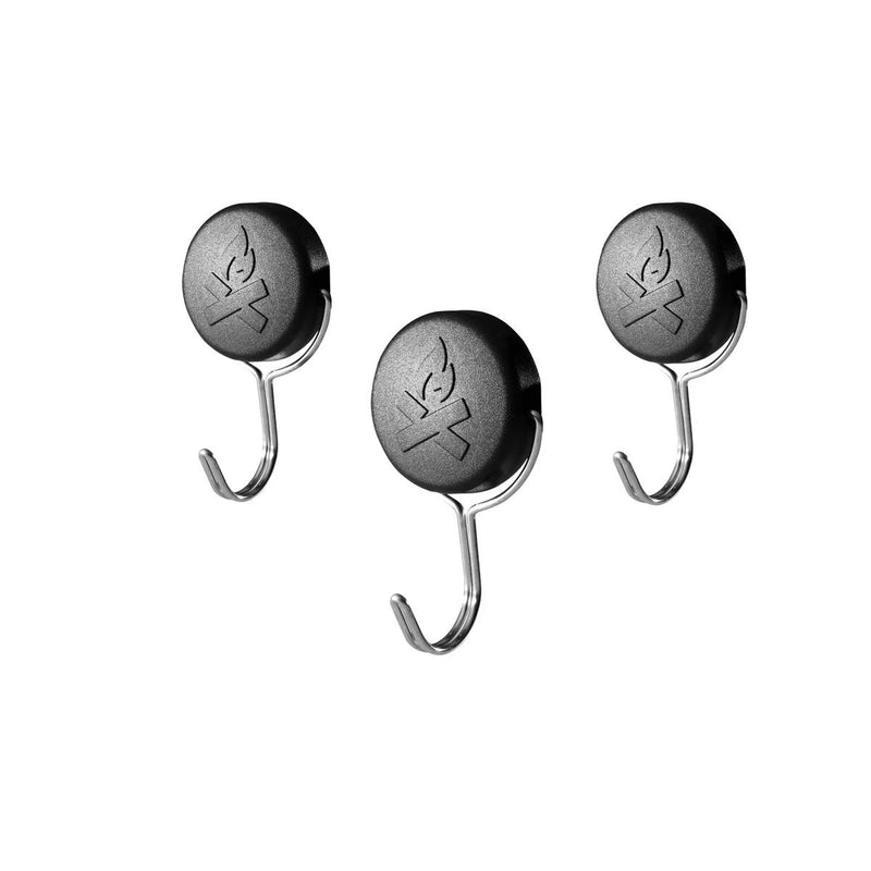 Load image into Gallery viewer, Camp Chef Magnetic Tool Holders - 3 Pack are shown in black with silver hooks and a flame logo, displayed on a white background. These round holders are perfect for organizing grilling tools.
