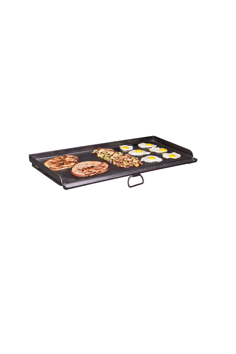 Load image into Gallery viewer, Camp Chef Griddles 16, a rectangular black griddle, shown on a white background with pancakes, bacon, and sunny-side-up eggs cooking on its surface.
