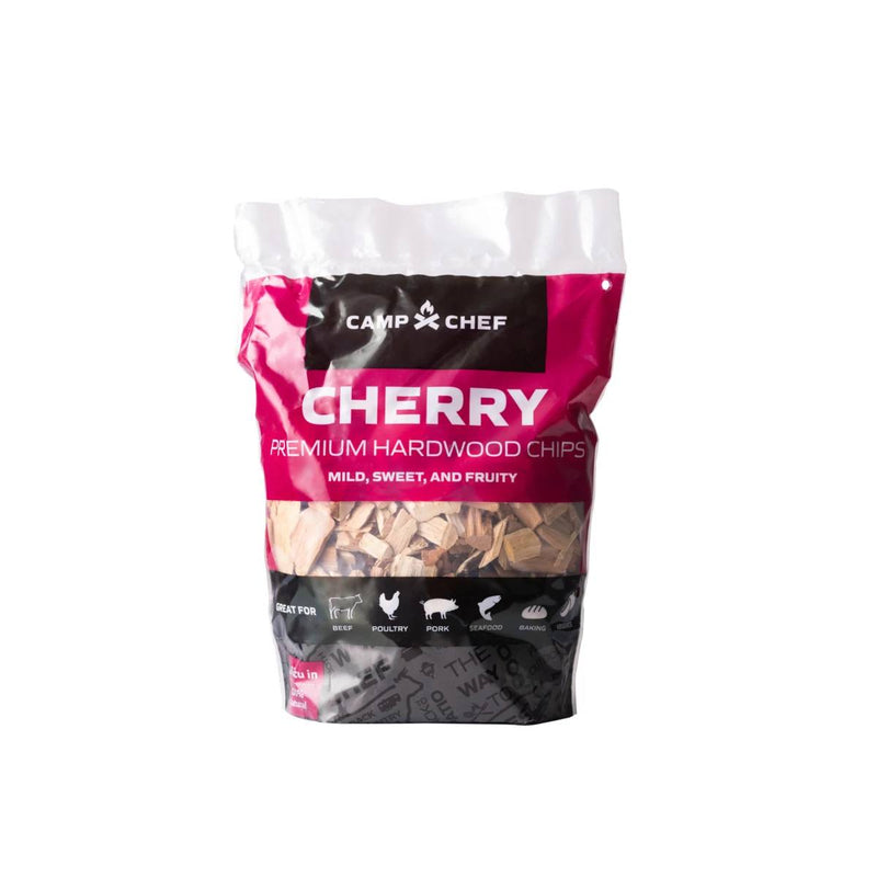 Load image into Gallery viewer, Camp Chef Wood Chips come in pink and black packaging labeled as mild, sweet, and fruity, with icons showing they're great for beef, poultry, pork, and fish.
