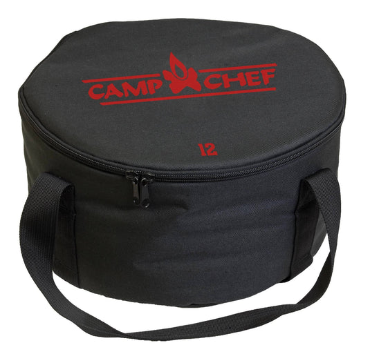 The Camp Chef Dutch Oven Carry Bag is a black, round zippered bag with handles and “12” plus the red Camp Chef logo on top—ideal for storing your Camp Chef Dutch oven.