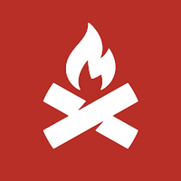 White crossed logs with a flame above them on a red background, representing a campfire or bonfire symbol.