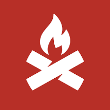 White crossed logs with a flame above them on a red background, representing a campfire or bonfire symbol.